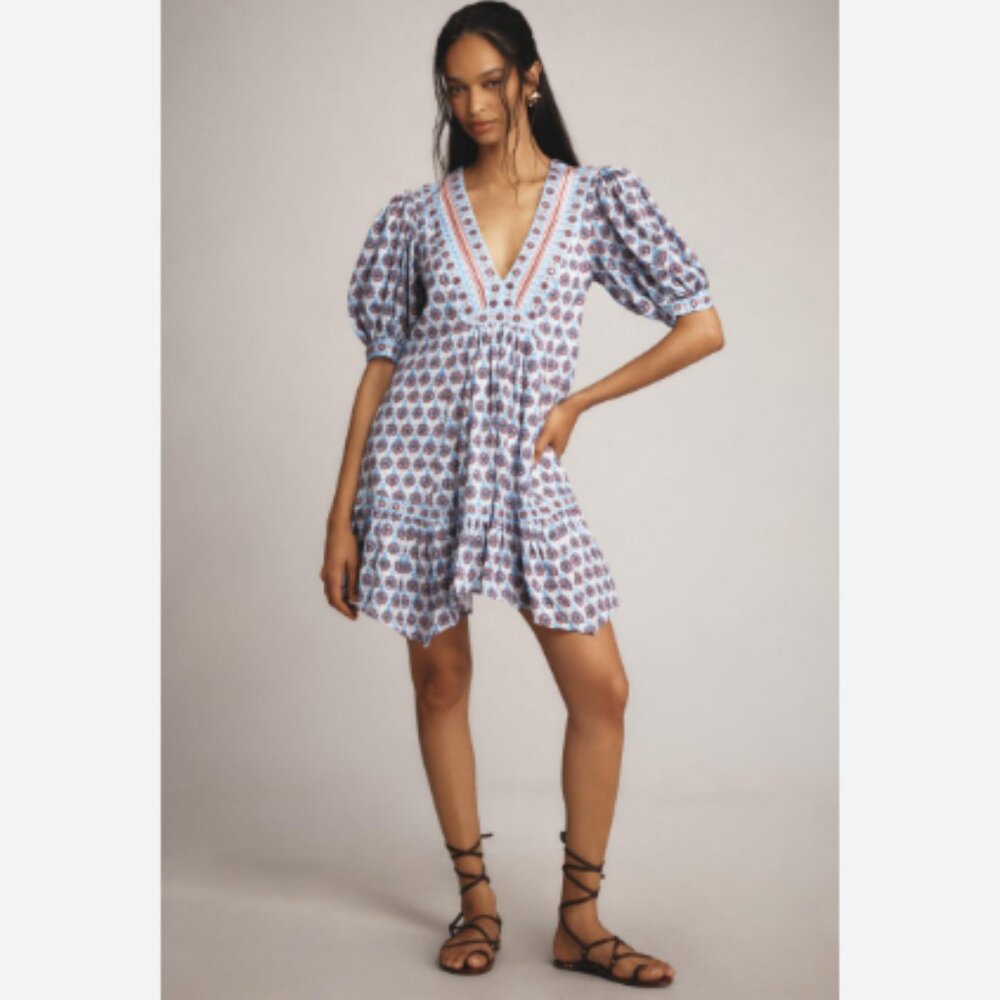 Brand New Maeve Puff-Sleeve V-Neck Mini Dress